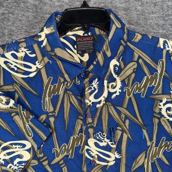 FUBU Other - Vintage Fubu Men Blue Brown Dragon Bamboo Button Up Short Sleeve Shirt Y2K Sz XL